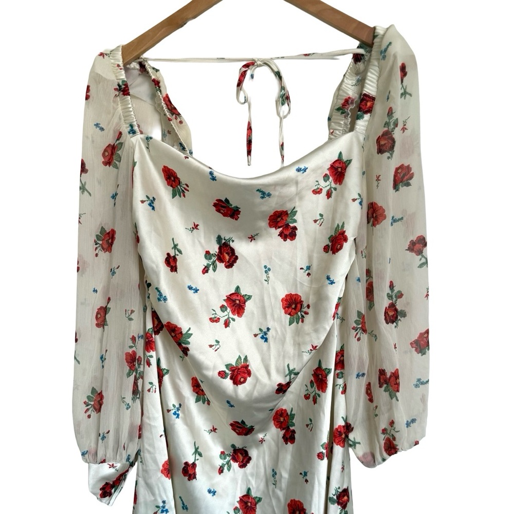 WeWoreWhat Dress 6 White Red Long Sleeve Roses Floral Puff Sleeve Cowl - Picture 5 of 14
